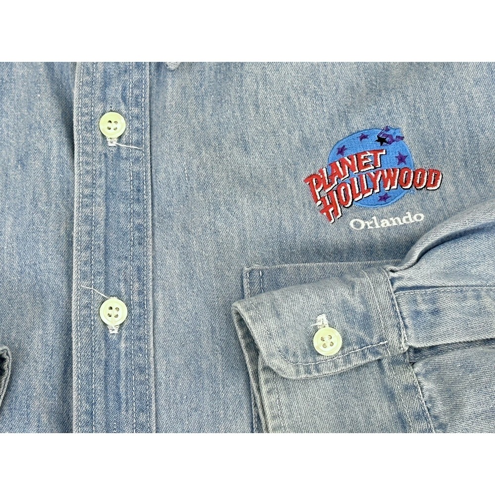Vintage 90s Planet Hollywood Orlando Blue Denim Shirt Mens L Made in USA - Picture 4 of 6